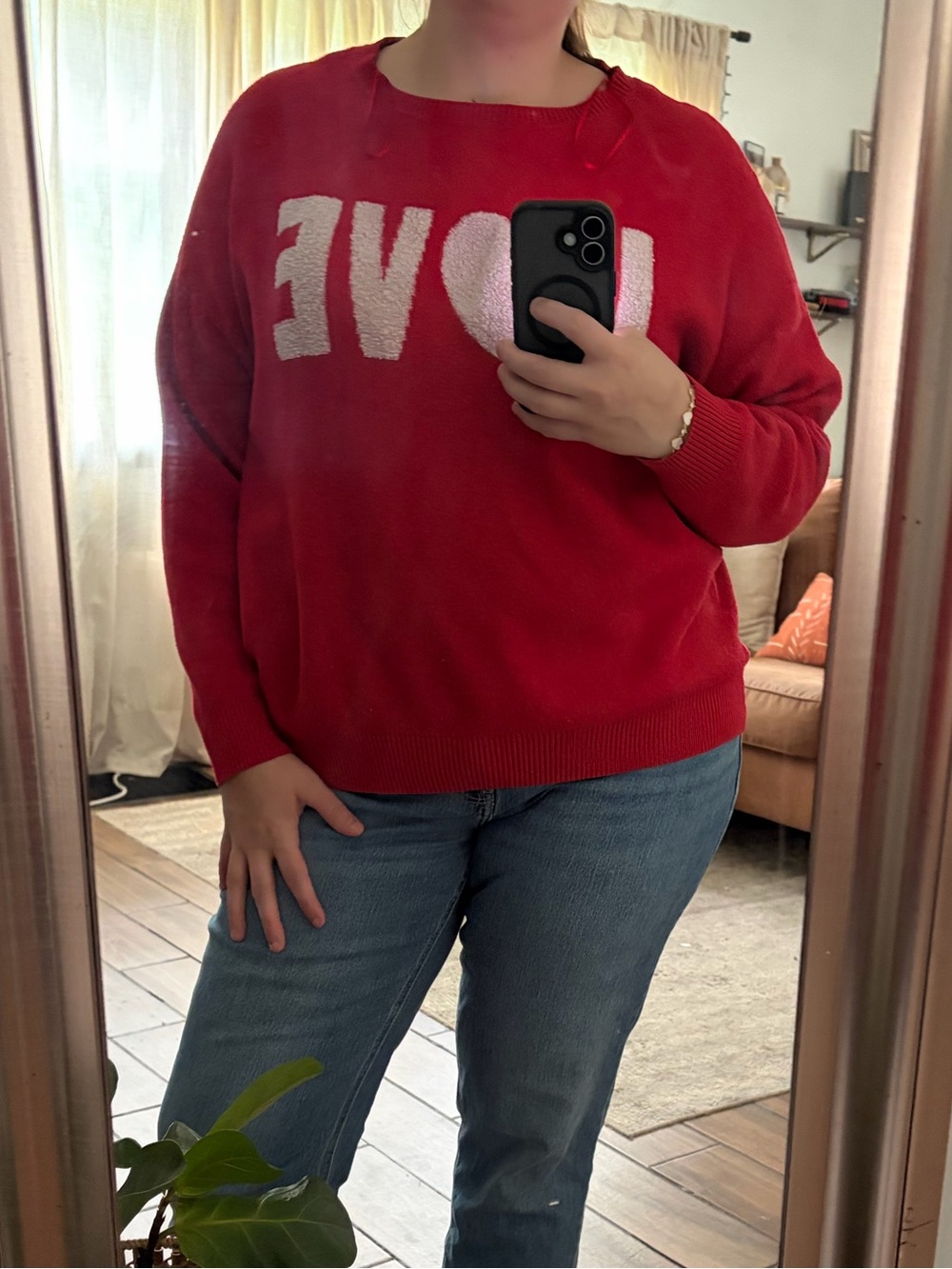 Pink Rose Red Crewneck Sweater with White LOVE Graphic XL